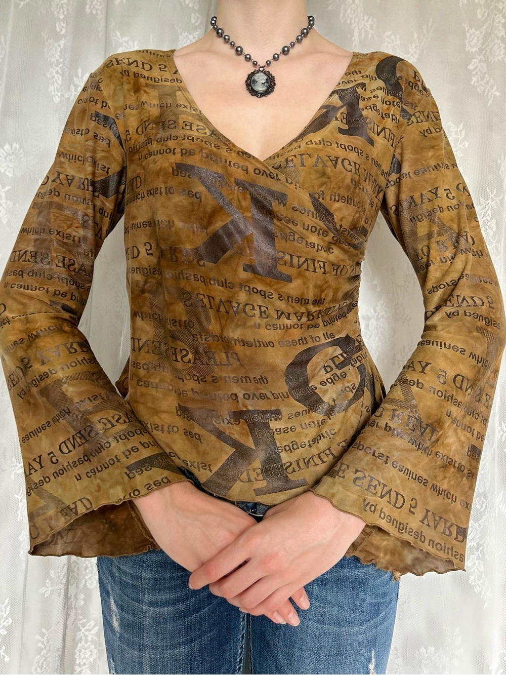 Whimsygoth Brown Blouse With Flared Sleeves